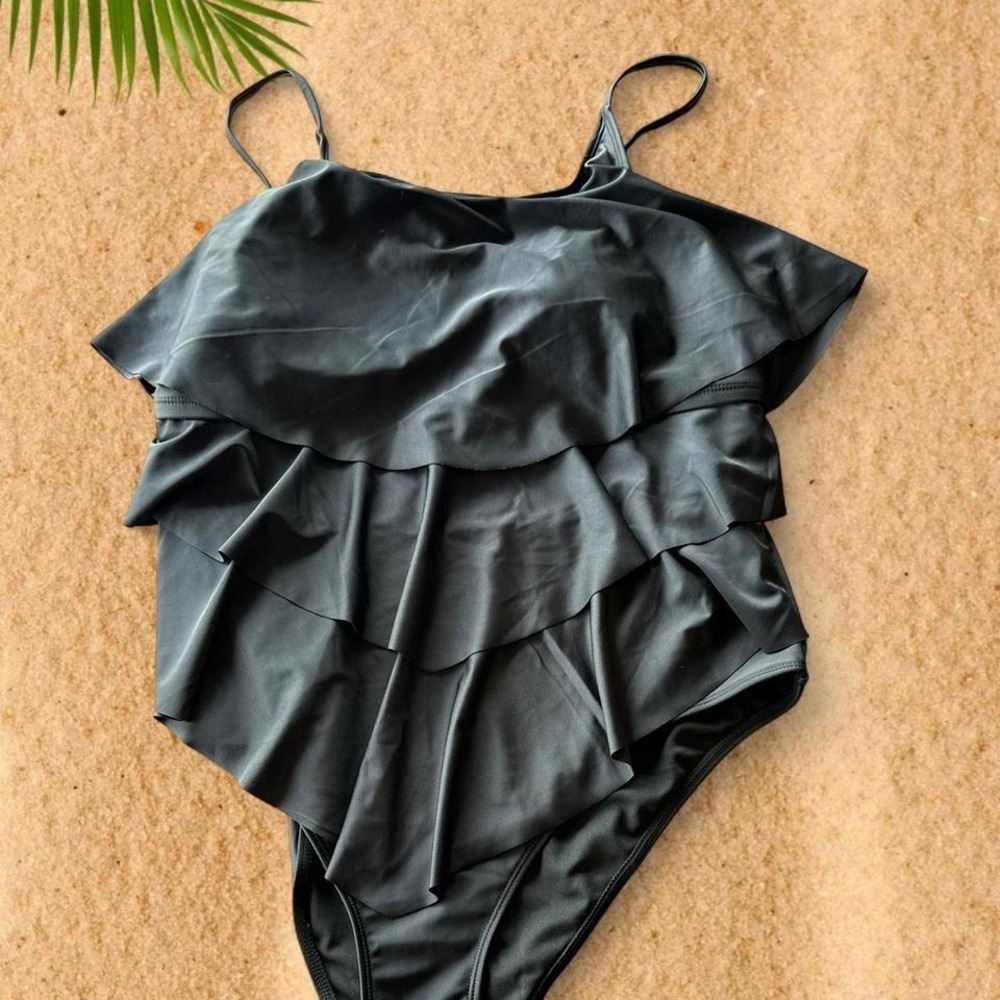 Black Tiered Ruffle One Piece Swimsuit Adjustable Straps Plus Size 3XL